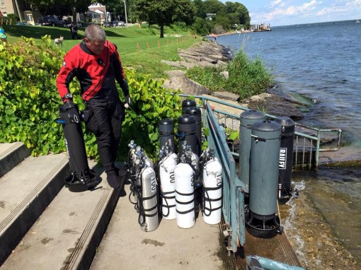 Gear, going into the water.